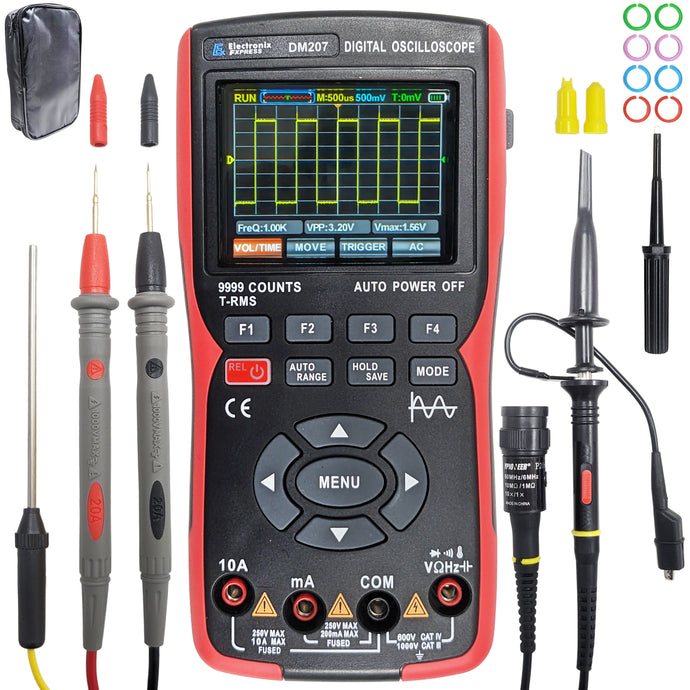 Handheld 2-in-1 Oscilloscope Multimeter with Backlit Color Screen, Single Channel 10MHz Bandwidth, 9999 Counts True RMS DMM with Temperature Measurement, Rechargeable