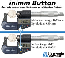 Load image into Gallery viewer, 0-1&quot; Range (0-25mm) Digital Micrometer with 6 Digit LCD Display, 0.001mm Resolution, Features mm/inch Conversion Button
