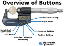 Load image into Gallery viewer, 0-1&quot; Range (0-25mm) Digital Micrometer with 6 Digit LCD Display, 0.001mm Resolution, Features mm/inch Conversion Button
