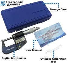 Load image into Gallery viewer, 0-1&quot; Range (0-25mm) Digital Micrometer with 6 Digit LCD Display, 0.001mm Resolution, Features mm/inch Conversion Button
