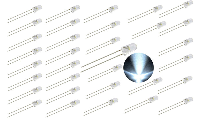 100 Pack Super Bright White LEDs, 3mm White Clear Lens, 4000 MCD @20mA, 30 Degrees Viewing Angle