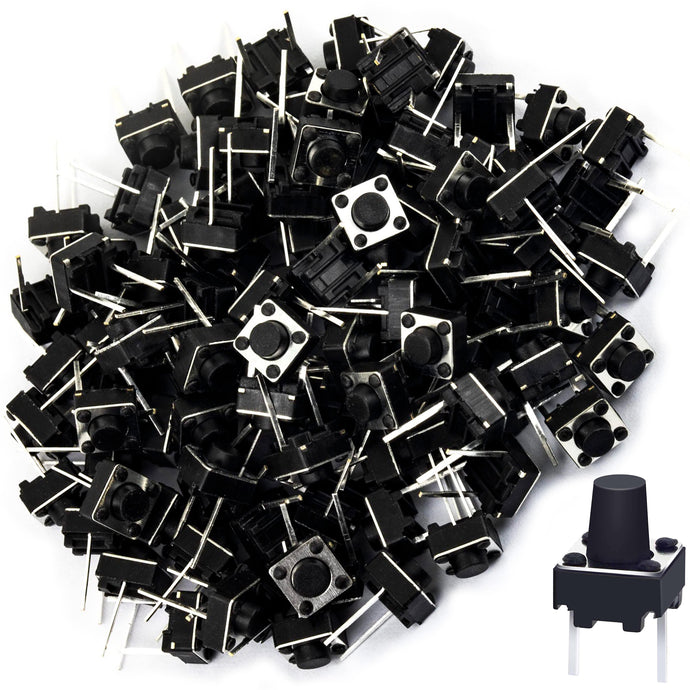 100 Pack Momentary Tactile Push Button Switch, 2-Pin Through Hole Mount for PCB or Breadboard, Size 6x6x7mm