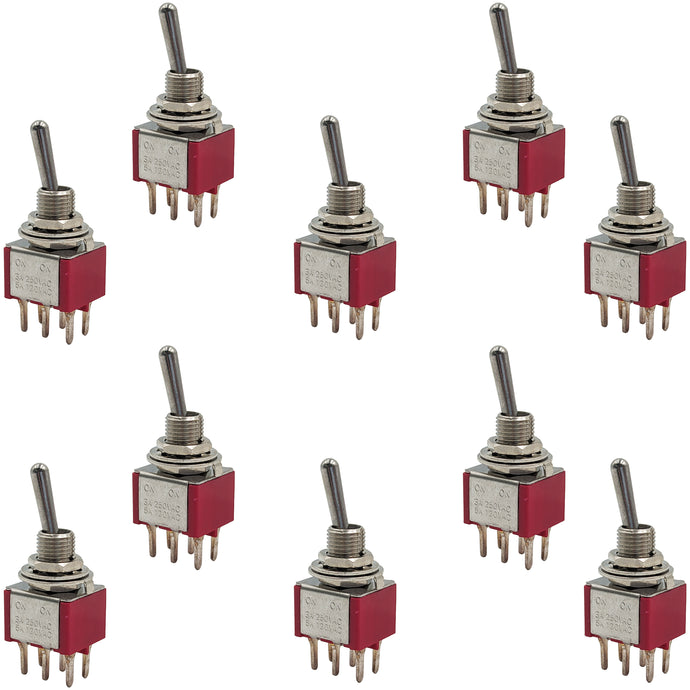 10 Pack Miniature On-On DPDT Toggle Switch, 6-Pin PC Lead Termination