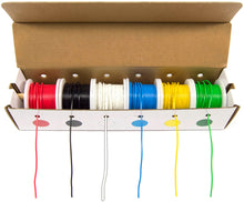 Load image into Gallery viewer, Solid 22 Gauge Hook Up Wire Kit - Includes 6 Different Color 25 Foot Spools, Tinned Copper, PVC Insulated
