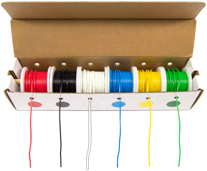 Solid 22 Gauge Hook Up Wire Kit - Includes 6 Different Color 25 Foot Spools, Tinned Copper, PVC Insulated