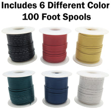 Load image into Gallery viewer, Solid 24 Gauge Hook Up Wire Kit - Includes 6 Different Color 100 Foot Spools, Tinned Copper, PVC Insulated
