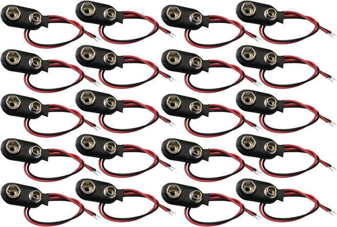 20 Pack 9V Battery Snaps with Red and Black Leads, I-Type, 9 Volt Battery Connectors