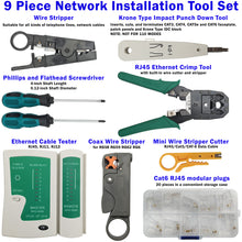 Load image into Gallery viewer, 9-in-1 Network Toolkit with RJ45 Ethernet Crimping Tool, Krone Type Punch Down Tool, Networking Cable Tester, RJ45 Connectors, and Wire Strippers with Carrying Case
