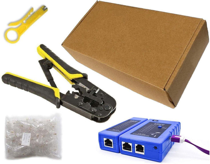 Network Cable Tool Set with Cable Crimp Tool, Wire Stripper, LAN RJ45 and RJ11 Tester and 100 Cat5e Plugs