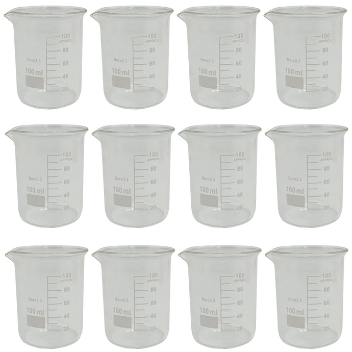 12 Pack 100mL Glass Beakers with Pour Spout, Borosilicate, 2.09