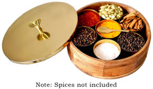 Load image into Gallery viewer, Wood and Stainless Steel (Gold Color) Round Masala Dabba Box with 7 Containers and Mini Spoon, Measures 9-inches Wide x 3-inches Tall
