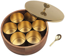 Load image into Gallery viewer, Wood and Stainless Steel (Gold Color) Round Masala Dabba Box with 7 Containers and Mini Spoon, Measures 9-inches Wide x 3-inches Tall
