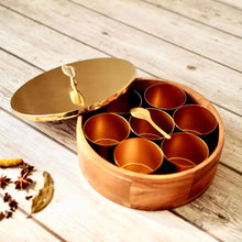 Load image into Gallery viewer, Wood and Stainless Steel (Gold Color) Round Masala Dabba Box with 7 Containers and Mini Spoon, Measures 9-inches Wide x 3-inches Tall
