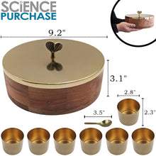 Load image into Gallery viewer, Wood and Stainless Steel (Gold Color) Round Masala Dabba Box with 7 Containers and Mini Spoon, Measures 9-inches Wide x 3-inches Tall
