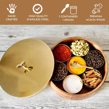 Load image into Gallery viewer, Wood and Stainless Steel (Gold Color) Round Masala Dabba Box with 7 Containers and Mini Spoon, Measures 9-inches Wide x 3-inches Tall
