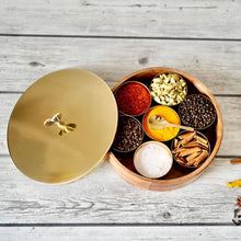 Load image into Gallery viewer, Wood and Stainless Steel (Gold Color) Round Masala Dabba Box with 7 Containers and Mini Spoon, Measures 9-inches Wide x 3-inches Tall
