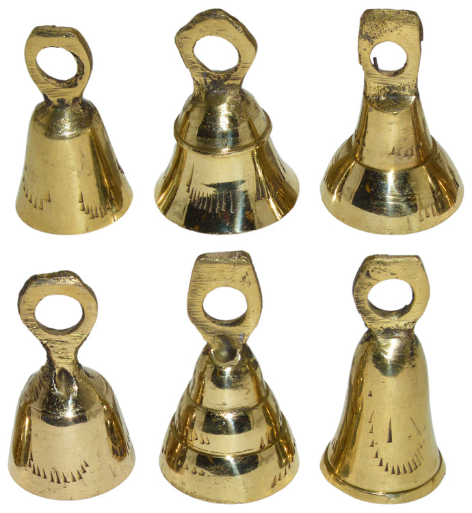 6 Assorted Mini Brass Bells with Loops for Hanging, Functional Decoration for Crafting, Door Chime, Wedding Chimes (Gold Color)