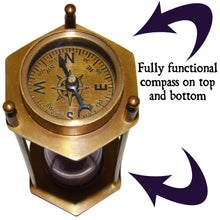 Load image into Gallery viewer, 5.75&quot; Brass Pirate Hourglass, Nautical Maritime Decoration with Functional 2 Minute Timer and Navigation Compasses
