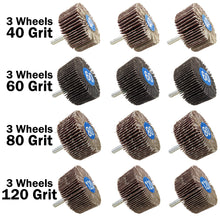 Load image into Gallery viewer, 12 Pack ¼&quot; Shank Flap Wheels in Assorted Grits, Includes 40, 60, 80, and 120 Grit Aluminum Oxide Sandpaper - 2&quot;×1&quot;×¼&quot; Fits All Drill Chucks
