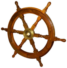 Load image into Gallery viewer, 24 Inch Wooden Ship Wheel Wall Decoration with Brass Center Hub, Turned Spokes and Handles, Maritime Nautical Boat Helm Decor, Brown Wood
