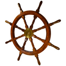 Load image into Gallery viewer, 36 Inch Wooden Ship Wheel Wall Decoration with Brass Center Hub, Turned Spokes and Handles, Maritime Nautical Boat Helm Decor, Brown Wood
