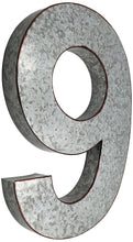 Load image into Gallery viewer, 20&quot; Metal Number 9 (Nine) Wall Decor, Silver with Rusted Edges, Galvanized Wall Mountable Decoration for Country, Mid-Century, or Farmhouse Themed Room or Event
