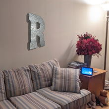 Load image into Gallery viewer, Huge 20&quot; Metal Letter R Wall Décor, Silver with Rusted Edges, Galvanized Wall Mountable Decoration for Country, Mid-Century, or Farmhouse Theme
