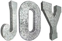 Load image into Gallery viewer, 20&quot; Tall Metal &quot;JOY&quot; Letters - Approximately 2.7 Foot Long Hanging Décor, Silver with Rusted Edges, Galvanized Wall Mountable Decoration for Country, Mid-Century, or Farmhouse Theme
