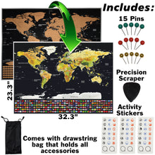 Load image into Gallery viewer, Scratch Off World Map, 32&quot; x 23&quot; Topographic Map Poster with Countries Flags, Pins, Scratching Pick, and Memory Stickers
