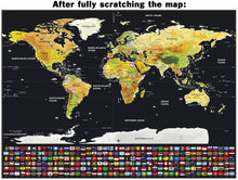 Load image into Gallery viewer, Scratch Off World Map, 32&quot; x 23&quot; Topographic Map Poster with Countries Flags, Pins, Scratching Pick, and Memory Stickers
