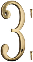 Load image into Gallery viewer, 6-inch House Number 3 (Three) with Mounting Screws, Polished Brass, Shiny Gold Color, Suitable for Mailbox, Home, etc
