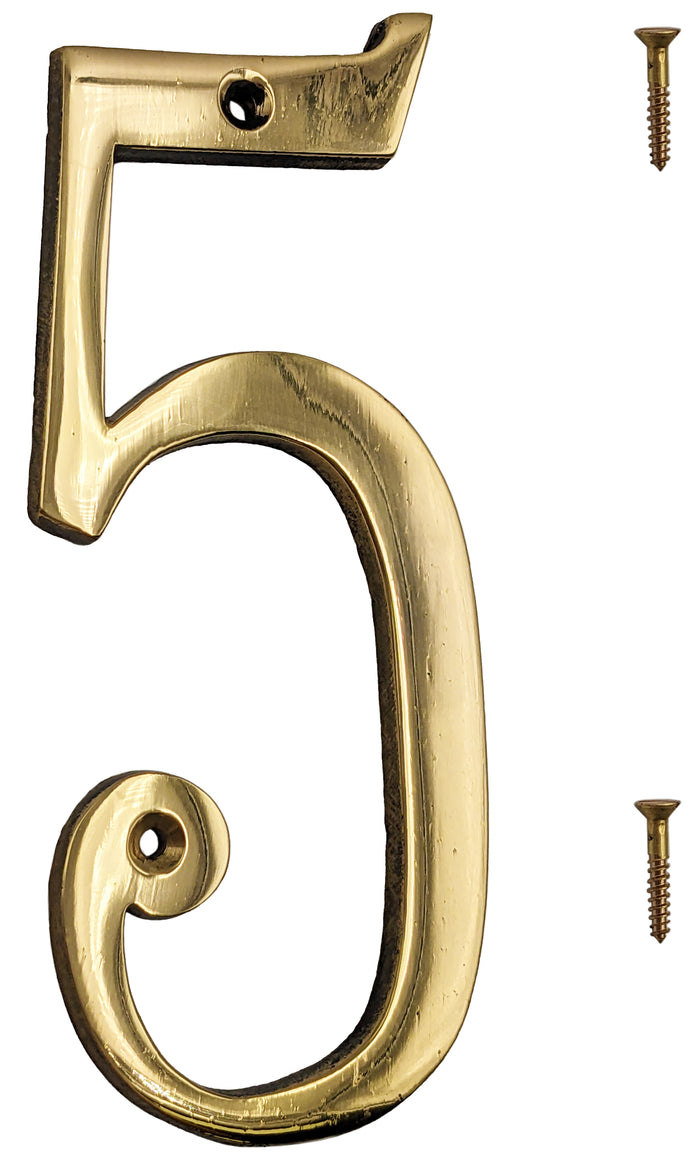 6-inch House Number 5 (Five) with Mounting Screws, Polished Brass, Shiny Gold Color, Suitable for Mailbox, Home, etc