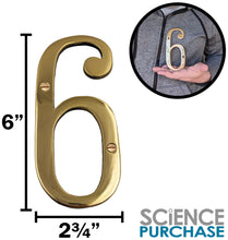 Load image into Gallery viewer, 6-inch House Number 6 (Six) with Mounting Screws, Polished Brass, Shiny Gold Color, Suitable for Mailbox, Home, etc
