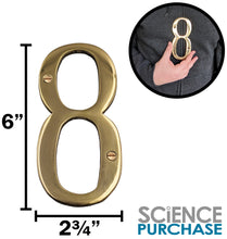 Load image into Gallery viewer, 6-inch House Number 8 (Eight) with Mounting Screws, Polished Brass, Shiny Gold Color, Suitable for Mailbox, Home, etc
