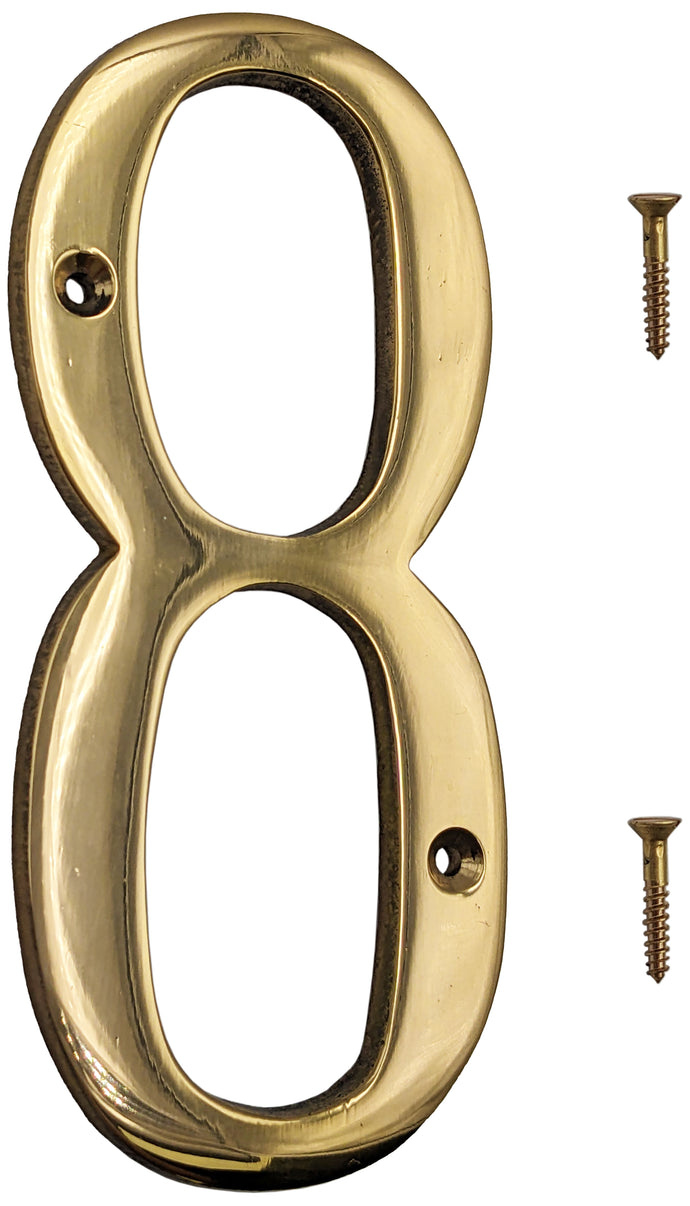 6-inch House Number 8 (Eight) with Mounting Screws, Polished Brass, Shiny Gold Color, Suitable for Mailbox, Home, etc