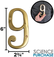 Load image into Gallery viewer, 6-inch House Number 9 (Nine) with Mounting Screws, Polished Brass, Shiny Gold Color, Suitable for Mailbox, Home, etc
