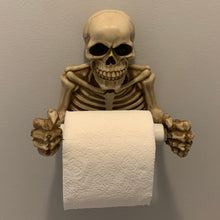 Load image into Gallery viewer, Skeleton Toilet Paper Holder with Keyhole Slot for Mounting on Wall, Spooky Skull TP Dispenser for Halloween Party, Sturdy Detailed Painted Resin Toilet Tissue Roll Holder
