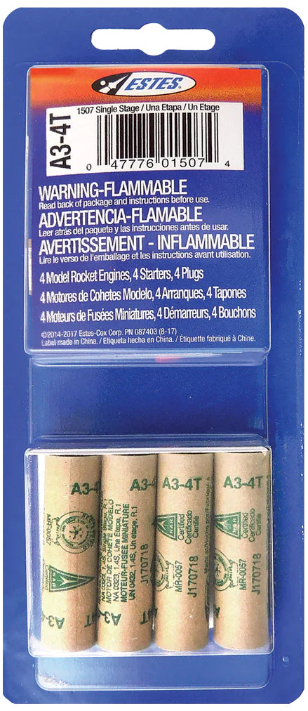 Estes A3-4T Mini Model Rocket Engine Pack - Includes 4 Engines with Starters & Plugs (1507)