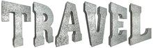 Load image into Gallery viewer, 20&quot; Tall Metal &quot;TRAVEL&quot; Letters - Approximately 7 Foot Long Hanging Décor, Silver with Rusted Edges, Galvanized Wall Mountable Decoration for Country, Mid-Century, or Farmhouse Theme
