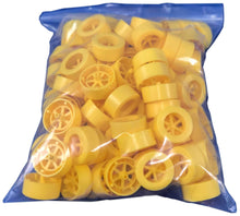 Load image into Gallery viewer, 100 Pack Yellow 40mm Rear Wheels with Spokes for Co2 Dragsters
