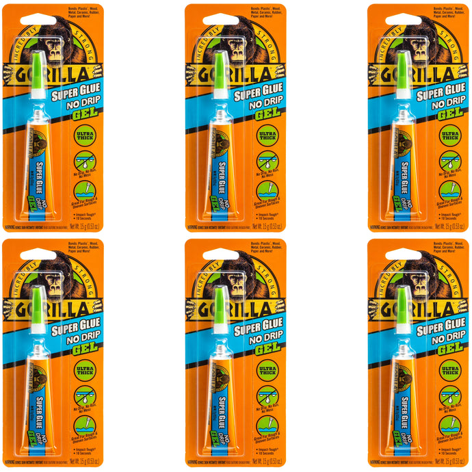 Gorilla 6 Pack 15 Gram Tubes Super Glue No-Drip Gel, Dries in 10-45 Seconds