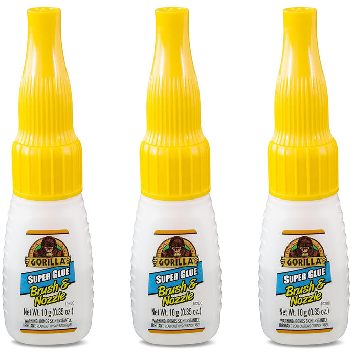 Gorilla 3 Pack 10 Gram Super Glue with Brush & Nozzle Applicator, Clear