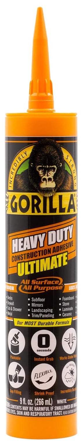 Gorilla 9 Ounce Cartridge Heavy Duty Ultimate Construction Adhesive, White