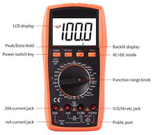 Load image into Gallery viewer, Backlit Digital Multimeter with LCD Display, Measures DCV, ACV, DCA, ACA, Inductance, Frequency, Temperature, Capacitance, Resistance
