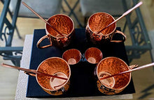 Load image into Gallery viewer, Set of 4 Pure Copper Kyiv Mule Mugs Gift Set with 4 Copper Cocktail Straws and 2 Shot Glasses, Each Hammered Mug Holds 18 Ounces
