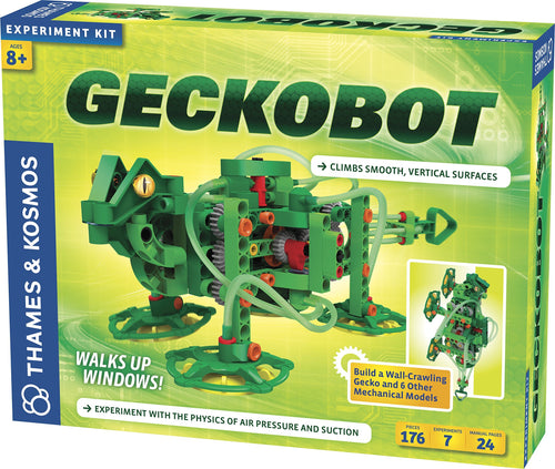 Geckobot model walks vertically up smooth surfaces like windows, glass, and mirrors. | Learn about the physics of air-pressure, suction, and surface texture. | Build 6 robotic models, in addition to the Geckobot; 7 different models in all. | Ages 8+, 24-page, full-color manual and experiment guide with step-by-step instructions. | A step-by-step construction and troubleshooting video walks you through the building process for the Geckobot model, and is viewable here: https://vimeopro.com/thamesa