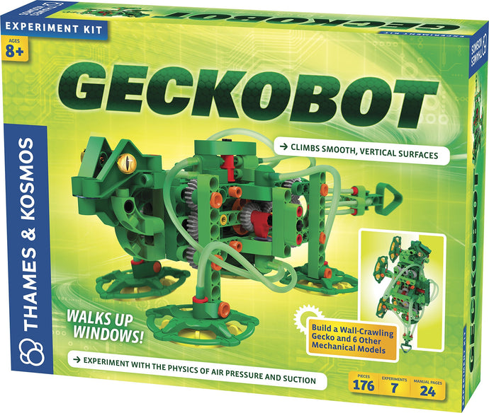 Geckobot model walks vertically up smooth surfaces like windows, glass, and mirrors. | Learn about the physics of air-pressure, suction, and surface texture. | Build 6 robotic models, in addition to the Geckobot; 7 different models in all. | Ages 8+, 24-page, full-color manual and experiment guide with step-by-step instructions. | A step-by-step construction and troubleshooting video walks you through the building process for the Geckobot model, and is viewable here: https://vimeopro.com/thamesa