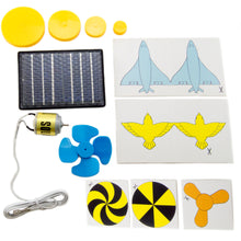 Load image into Gallery viewer, Explore various hands-on activities with this educational kit, complete with a booklet explaining the &quot;Whys&quot; and &quot;Hows&quot; of solar energy | Includes solar panel, DC motor with wire and motor clips, screws and nuts, spinner discs, paper airplane and bird models, 4 different size plastic turntables (5/8&quot;, 1&quot;, 1.5&quot;, and 2&quot;), plastic fan spinner, and booklet. | Discover for yourself how to harness the energy of light and employ it in countless practical applications. Solar energy uses are limited only
