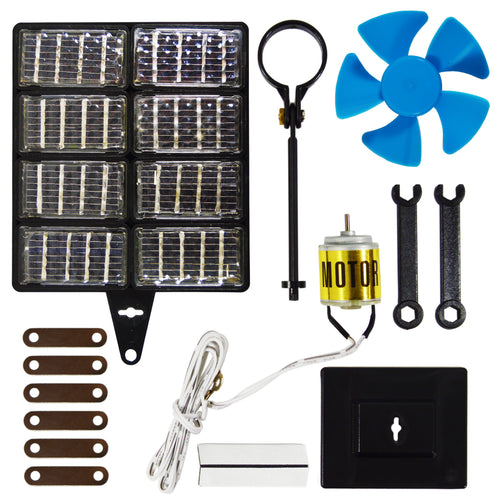 Includes: 8 solar cells, electric motor, propeller, buzzer, light bulb, wire and hardware | Training Manual included | This course will teach you how to make a solar circuit and an electrical circuit, increase voltage and current, make a solar panel, and use solar power to produce energy | NOTE: Please turn the motor by hand a few rotations before first use as the motor may be stiff from the manufacturing process. | 