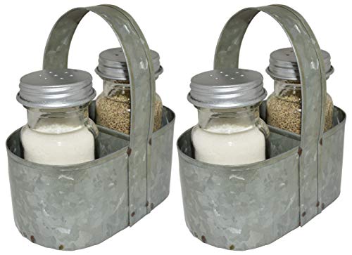 Pack of 2 sets — you get 2 Salt shakers, 2 Pepper shakers, and 2 Caddies with handles | Perfect for indoor or outdoor dining, these vintage style spice shaker sets are made with sturdy galvanized steel that is resistant to rust caused by water or air moisture | Their design offers a vintage flair that looks great with rustic, old country, mid-century, and farmhouse themed kitchens and restaurants | The shakers each hold 1/4 cup of salt, pepper, or spice and feature an easy-to-fill wide mouth wit